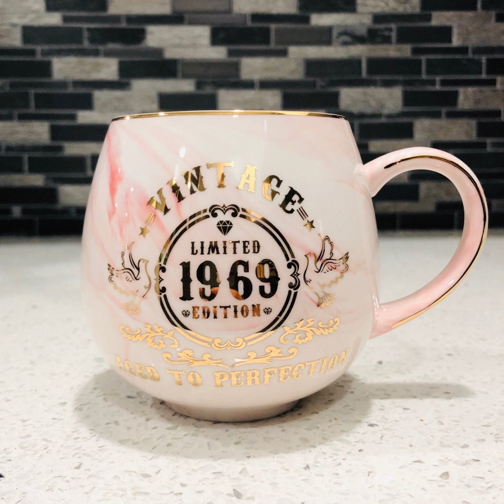 NEW VINTAGE LIMITED 1969 COFFEE MUG PINK MARBLE